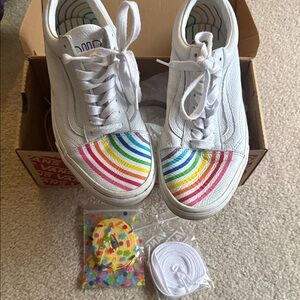 Vans x Flour Shop Ladies (or men’s) White Sneakers with Rainbow Accents